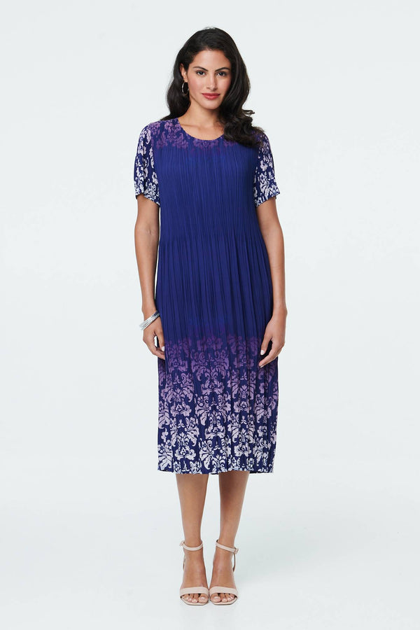 Navy | Border Print Pleat Texture Midi Dress