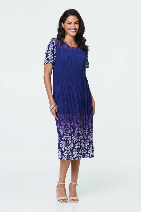 Navy | Border Print Pleat Texture Midi Dress