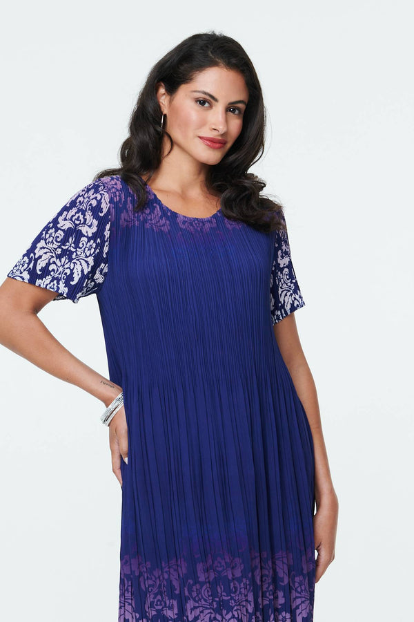 Navy | Border Print Pleat Texture Midi Dress
