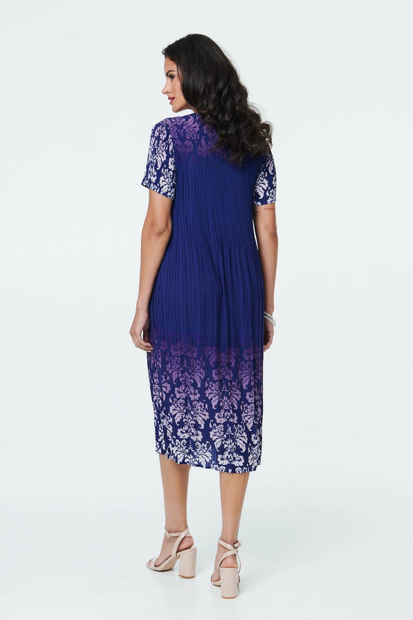 Navy | Border Print Pleat Texture Midi Dress