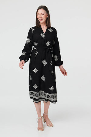 Black | Border Print Tie Waist Midi Wrap Dress