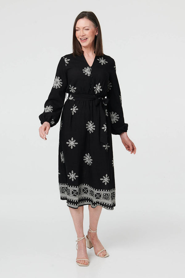 Black | Border Print Tie Waist Midi Wrap Dress