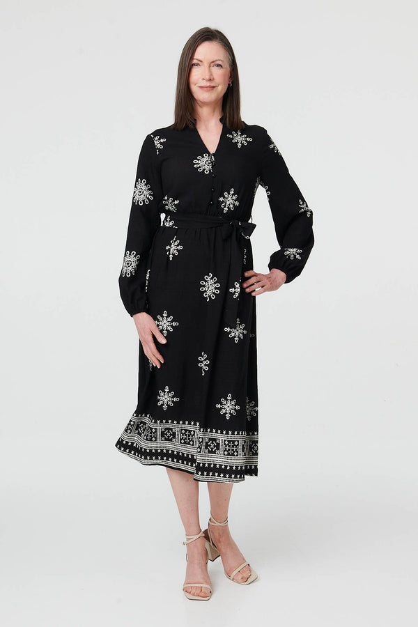 Black | Border Print Tie Waist Midi Wrap Dress