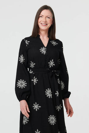 Black | Border Print Tie Waist Midi Wrap Dress