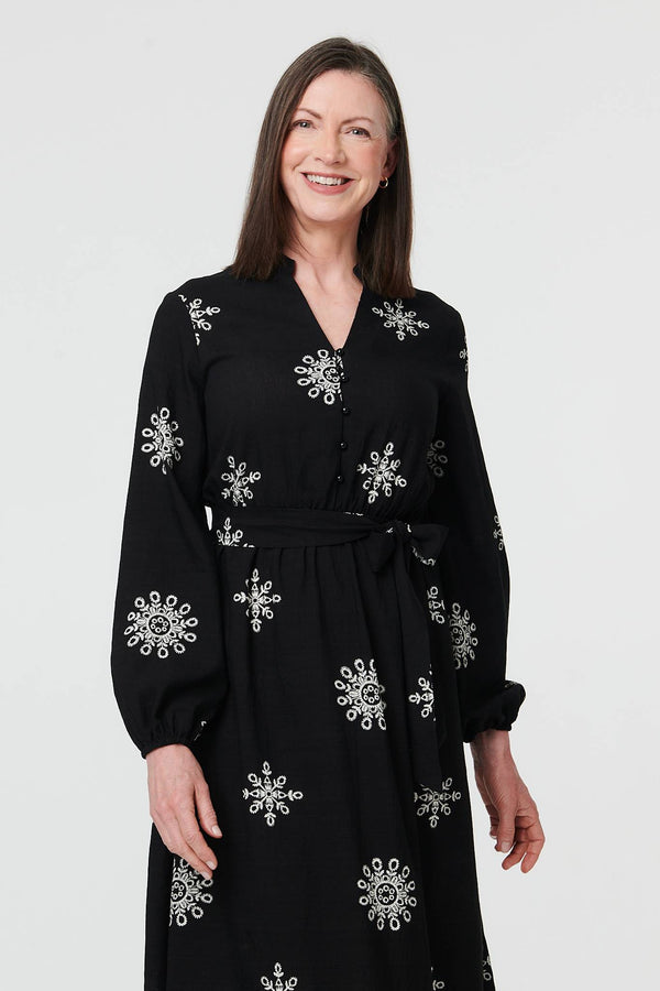 Black | Border Print Tie Waist Midi Wrap Dress