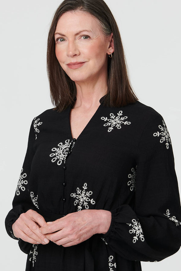 Black | Border Print Tie Waist Midi Wrap Dress