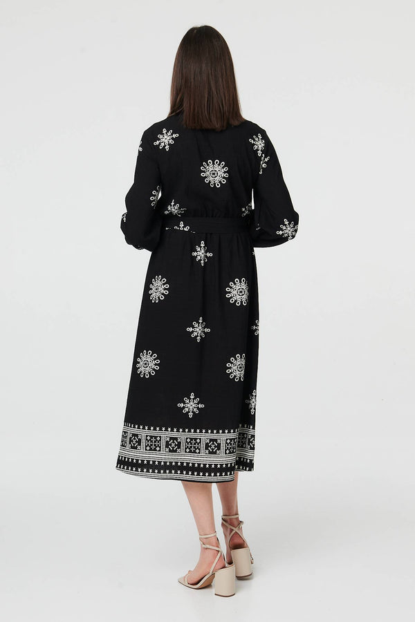 Black | Border Print Tie Waist Midi Wrap Dress