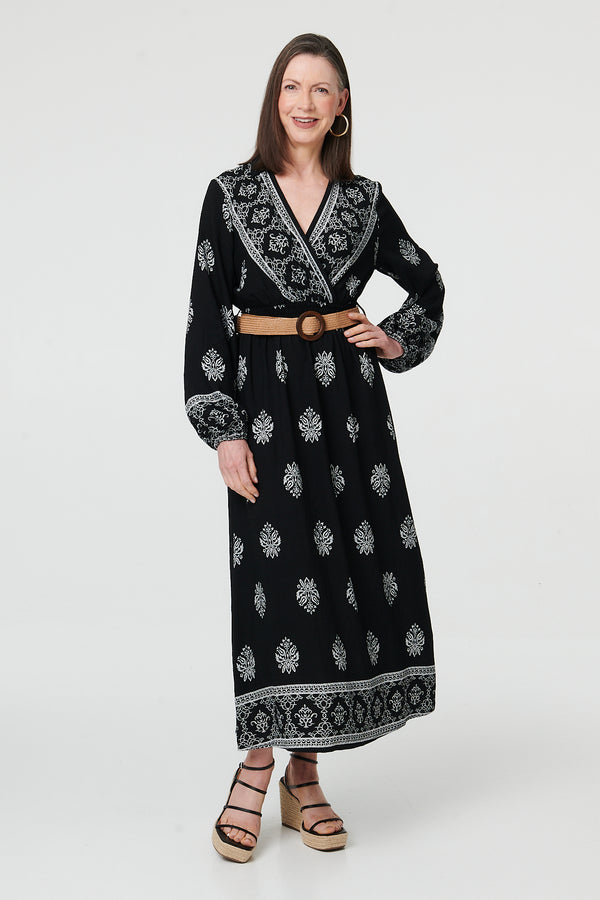 Black | Border Print Belt Waist Maxi Dress