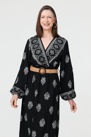 Black | Border Print Belt Waist Maxi Dress