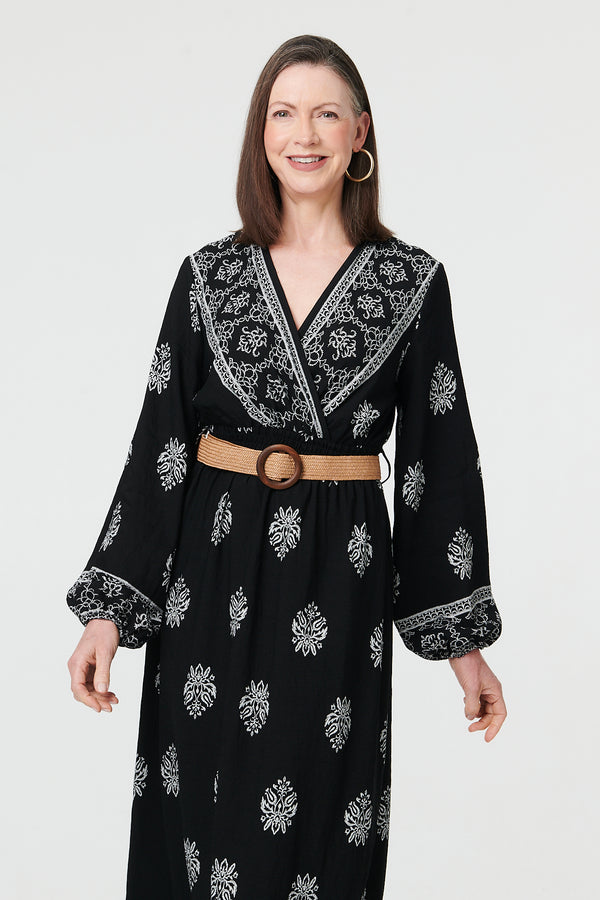 Black | Border Print Belt Waist Maxi Dress