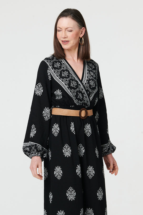Black | Border Print Belt Waist Maxi Dress