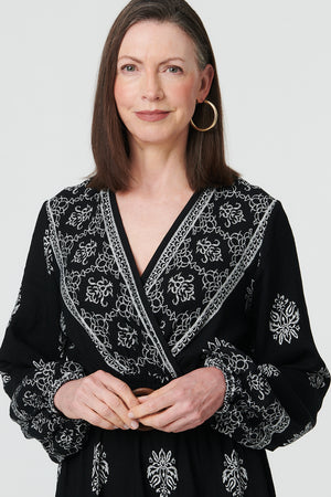 Black | Border Print Belt Waist Maxi Dress