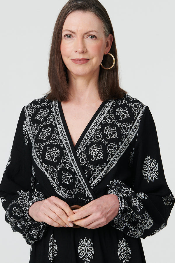 Black | Border Print Belt Waist Maxi Dress