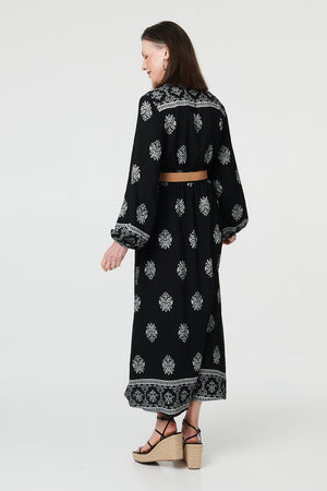Black | Border Print Belt Waist Maxi Dress
