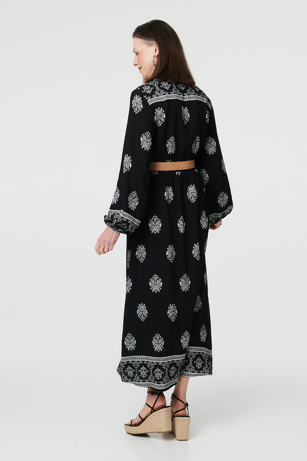 Black | Border Print Belt Waist Maxi Dress