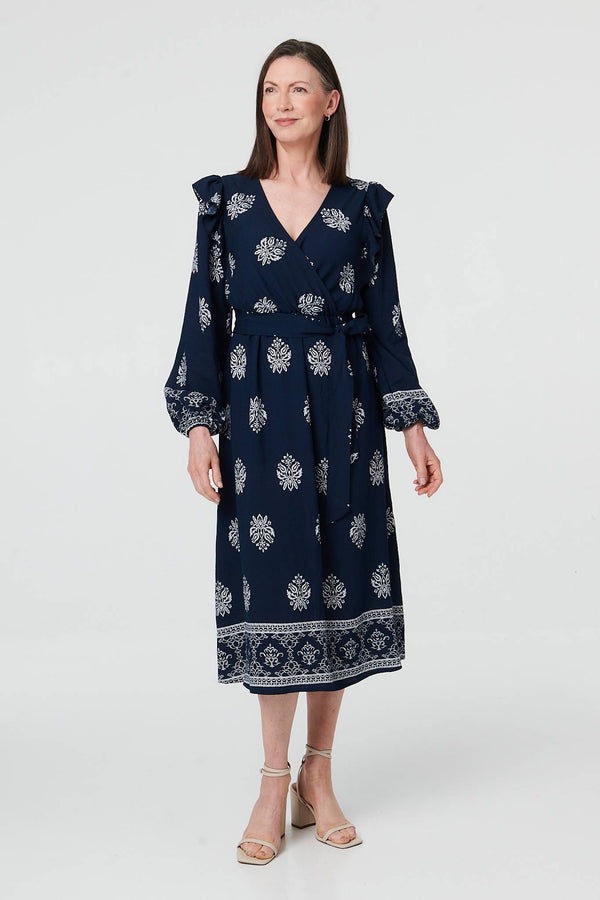Navy | Border Print Tie Waist Wrap Midi Dress