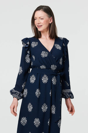 Navy | Border Print Tie Waist Wrap Midi Dress