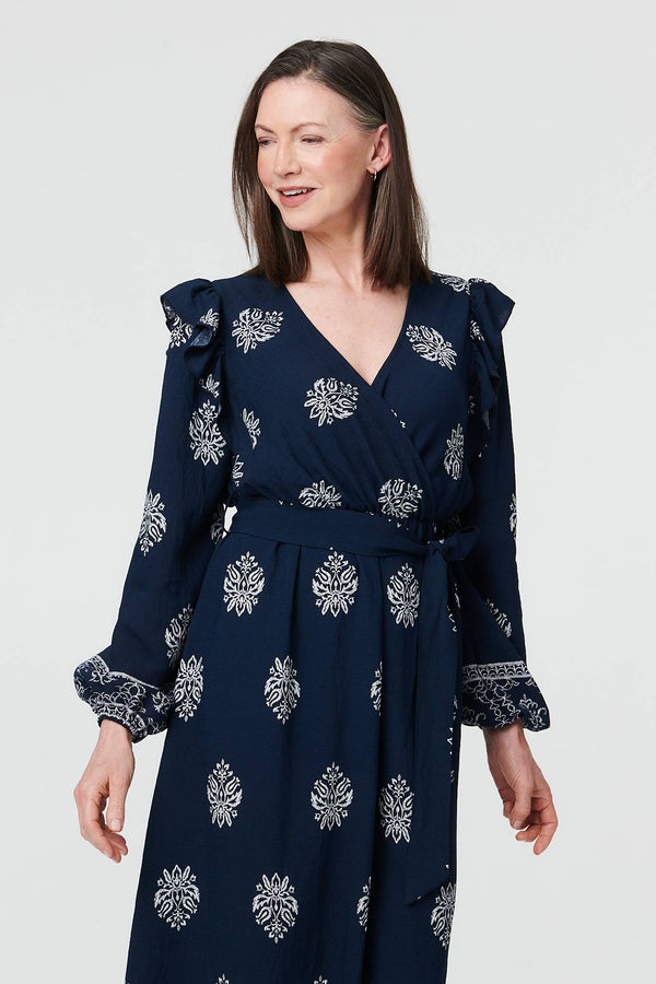 Navy | Border Print Tie Waist Wrap Midi Dress
