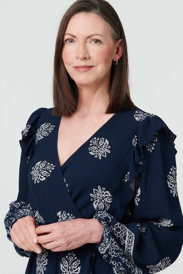 Navy | Border Print Tie Waist Wrap Midi Dress