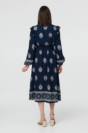 Navy | Border Print Tie Waist Wrap Midi Dress