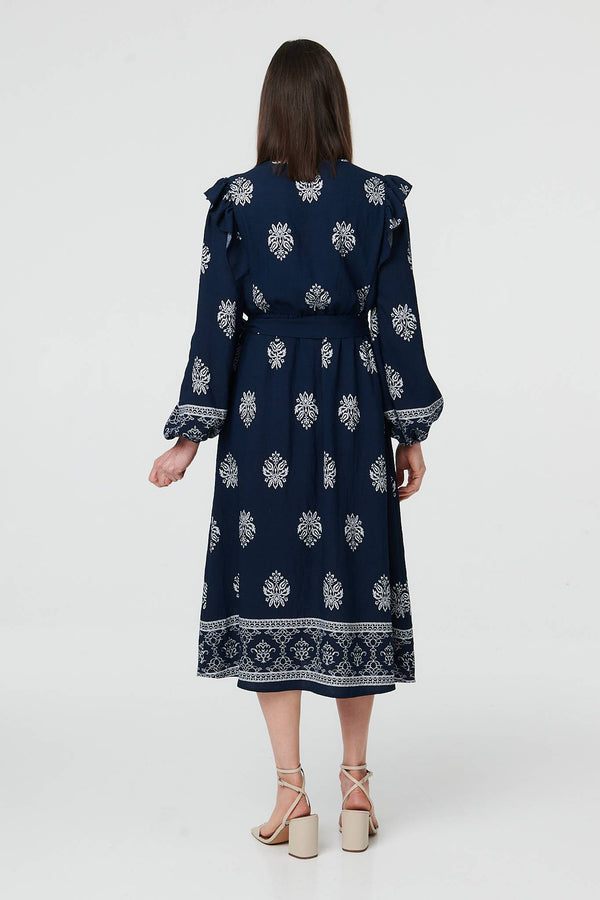 Navy | Border Print Tie Waist Wrap Midi Dress