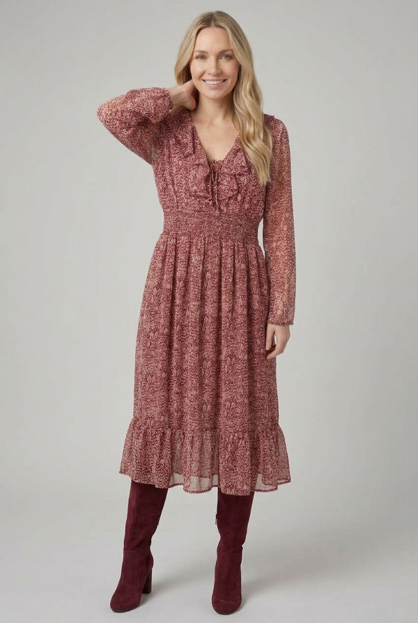 Red | Printed Ruffled Long Sleeve Midi Dress