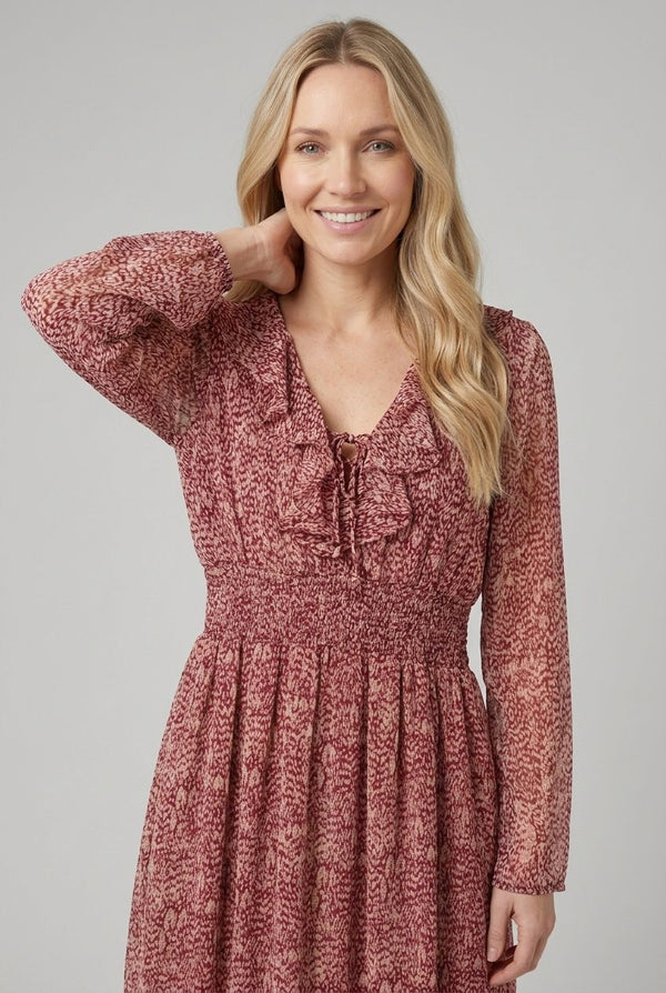 Red | Printed Ruffled Long Sleeve Midi Dress