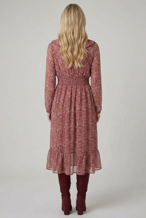 Red | Printed Ruffled Long Sleeve Midi Dress