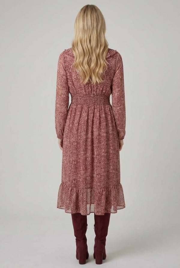 Red | Printed Ruffled Long Sleeve Midi Dress