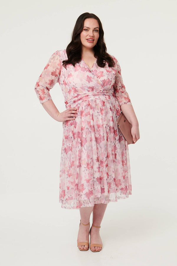 Red | Curve Floral Wrap 1/2 Sleeve Midi Dress