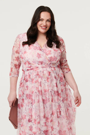 Red | Curve Floral Wrap 1/2 Sleeve Midi Dress