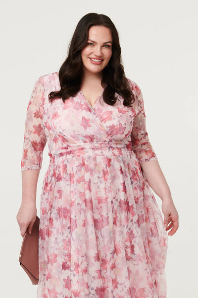 Red | Curve Floral Wrap 1/2 Sleeve Midi Dress
