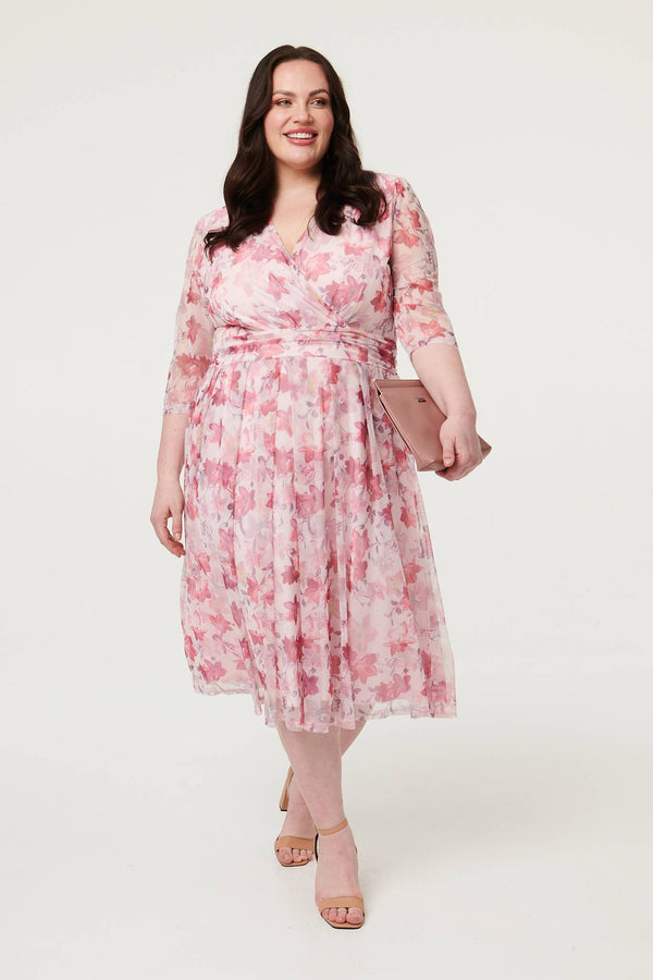 Red | Curve Floral Wrap 1/2 Sleeve Midi Dress