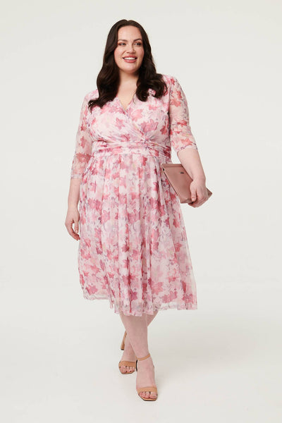Red | Curve Floral Wrap 1/2 Sleeve Midi Dress