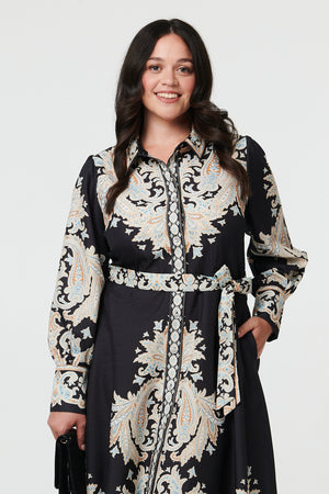 Black | Curve Floral Border Tie Waist Midi Dress
