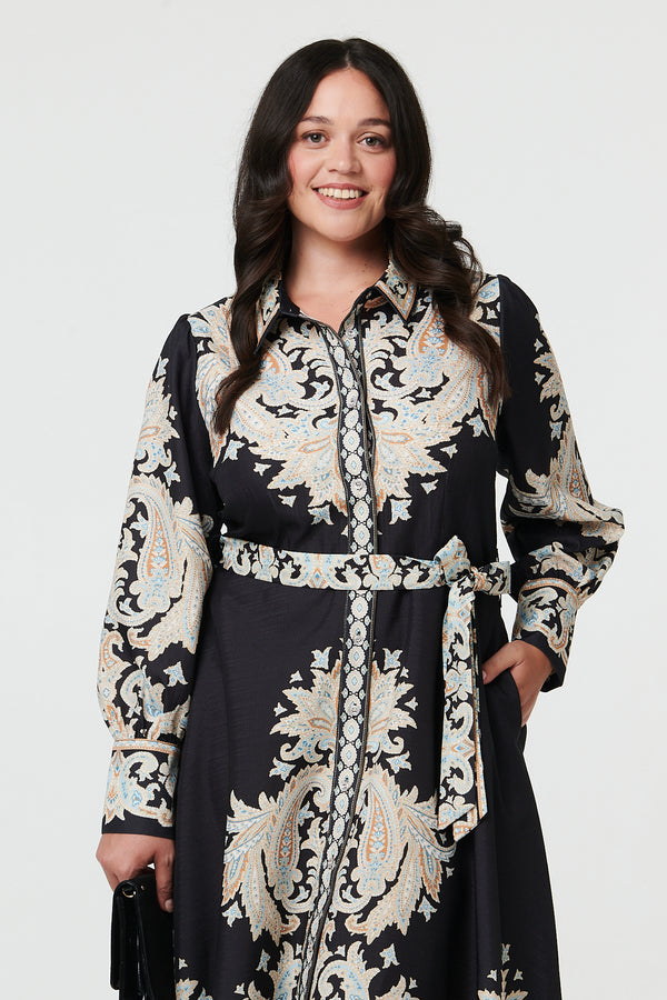 Black | Curve Floral Border Tie Waist Midi Dress
