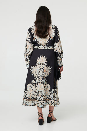 Black | Curve Floral Border Tie Waist Midi Dress
