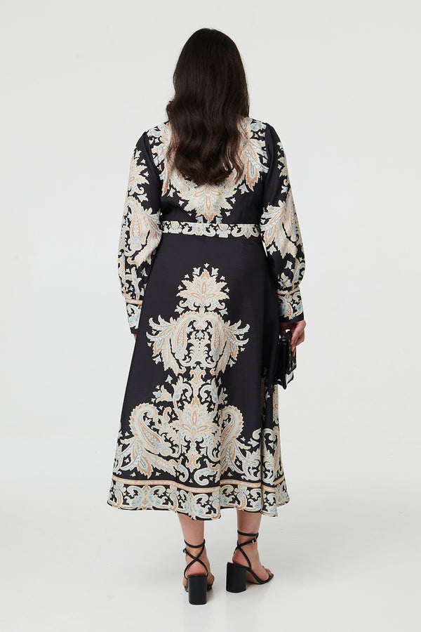 Black | Curve Floral Border Tie Waist Midi Dress
