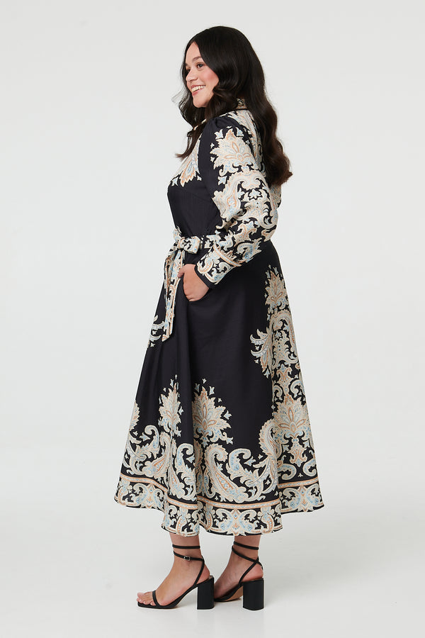 Black | Curve Floral Border Tie Waist Midi Dress
