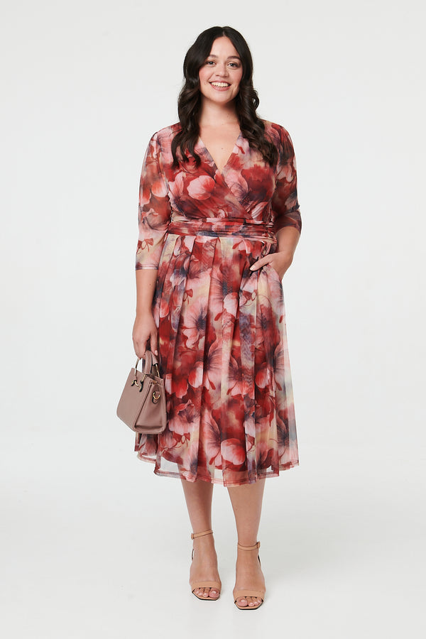 Rust | Curve Floral 3/4 Sleeve Midi Wrap Dress
