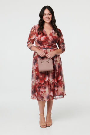 Rust | Curve Floral 3/4 Sleeve Midi Wrap Dress

