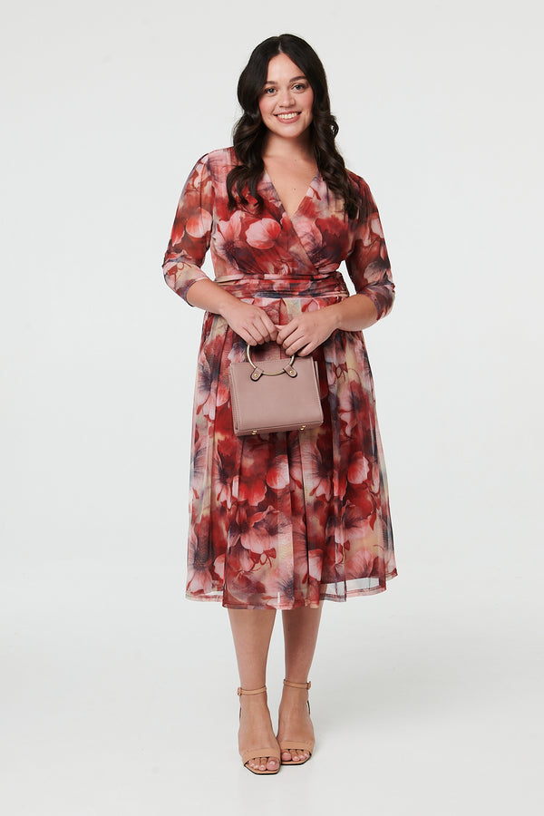 Rust | Curve Floral 3/4 Sleeve Midi Wrap Dress
