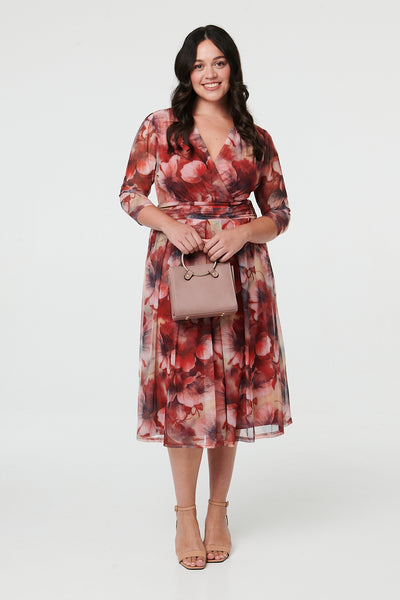 Rust | Curve Floral 3/4 Sleeve Midi Wrap Dress
