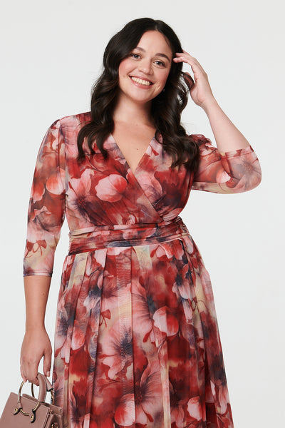 Rust | Curve Floral 3/4 Sleeve Midi Wrap Dress
