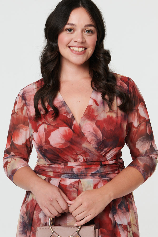 Rust | Curve Floral 3/4 Sleeve Midi Wrap Dress
