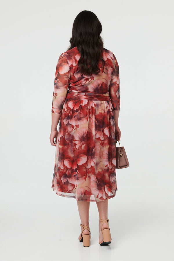 Rust | Curve Floral 3/4 Sleeve Midi Wrap Dress
