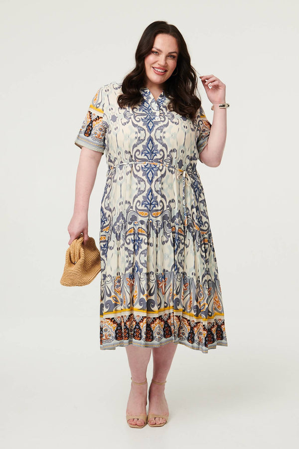 Grey | Curve Printed Short Sleeve Midi Dress
