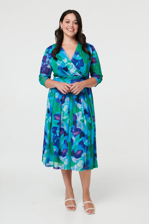 Blue | Curve Printed Pleated Wrap Midi Dress