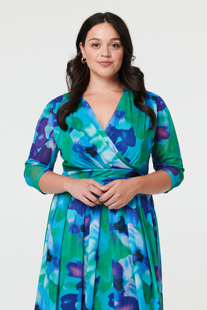 Blue | Curve Printed Pleated Wrap Midi Dress