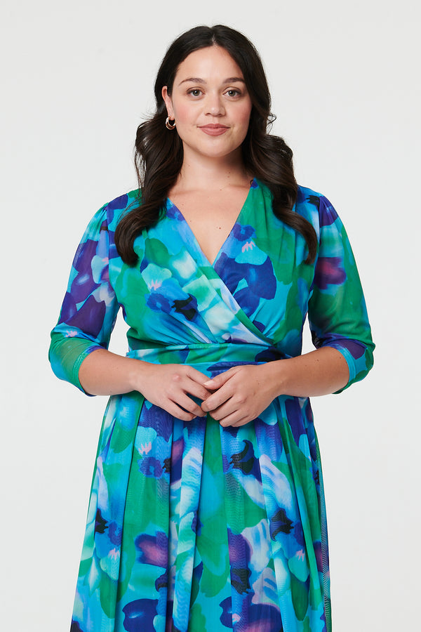 Blue | Curve Printed Pleated Wrap Midi Dress